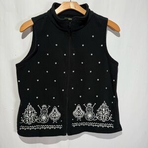 Vintage Black Vest with White Embroidery snowmen winter scene size large
